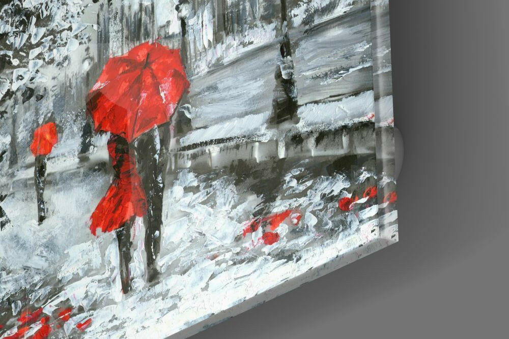 Red Umbrella Couple Clock Tower Glass Wall Art