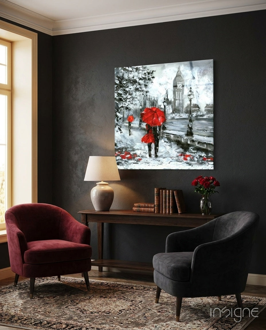 Red umbrella couple clock tower glass wall art