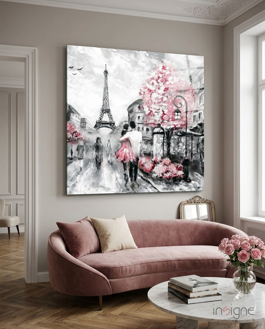 Pink blossom tree Paris couple glass wall art