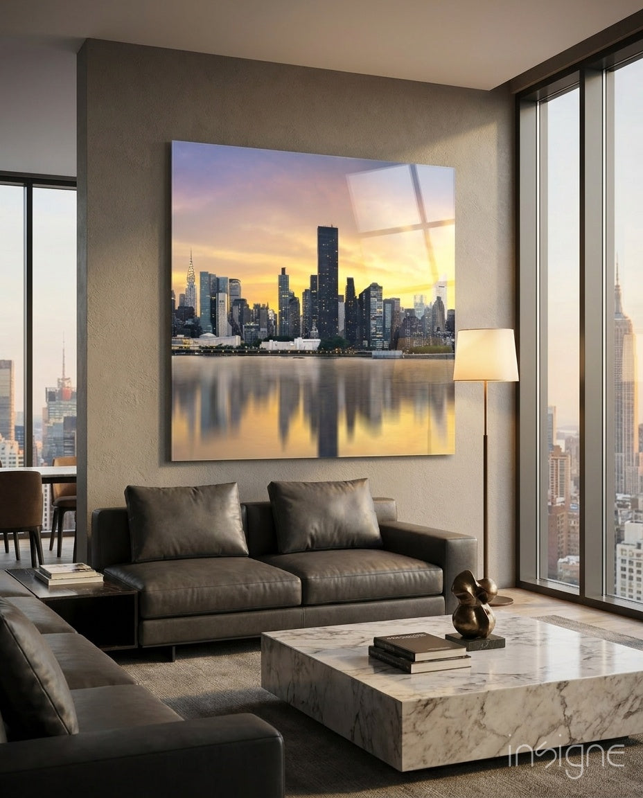 City skyline glass wall art for modern living room decor