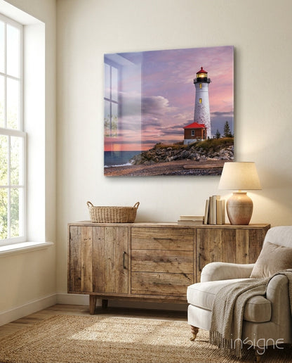Pink sunset cliff top lighthouse glass wall art