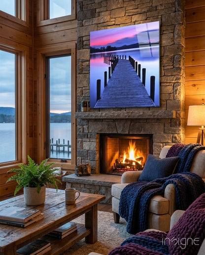 Pink twilight lake jetty pilings glass wall art