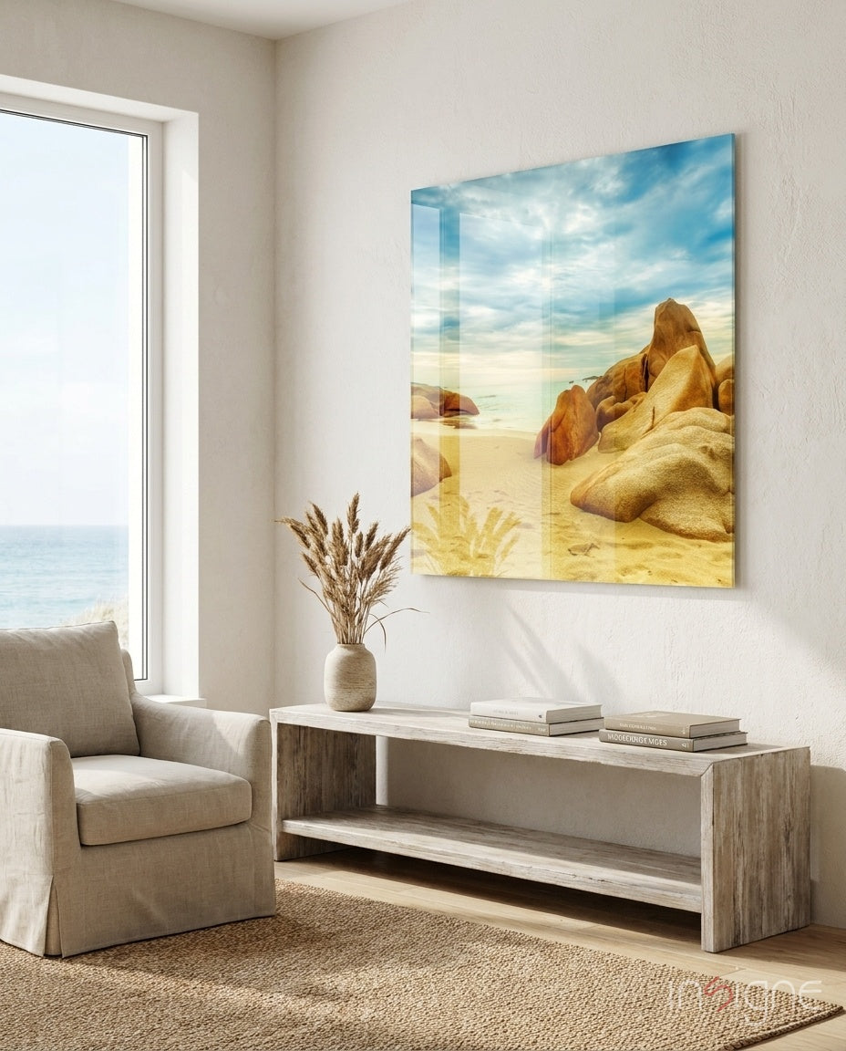 Beach Glass Wall Art coastal scene with sand and calm water