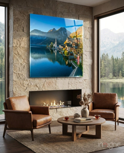 Hallstatt Austria lakeside village glass wall art