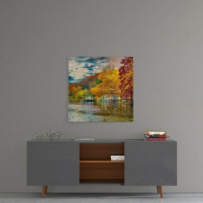 Autumn Lake Fountain Glass Wall Art