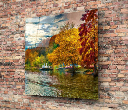 Autumn Lake Fountain Glass Wall Art