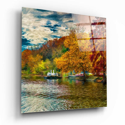 Autumn Lake Fountain Glass Wall Art