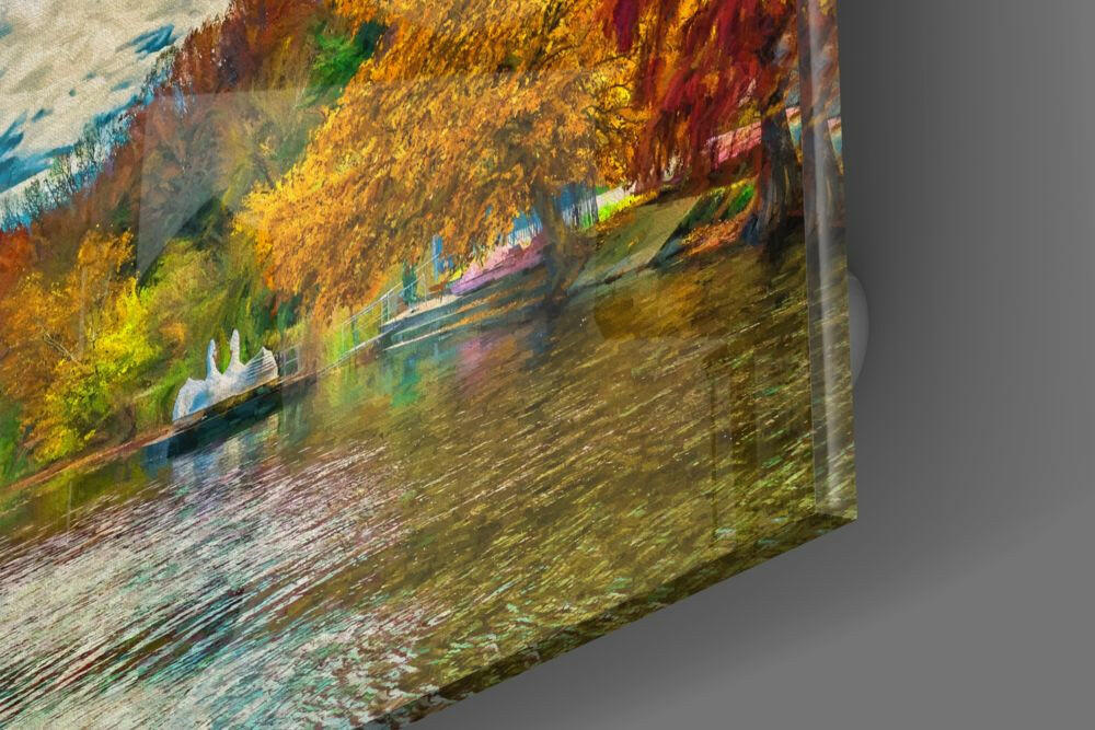 Autumn Lake Fountain Glass Wall Art