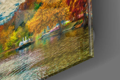 Autumn Lake Fountain Glass Wall Art