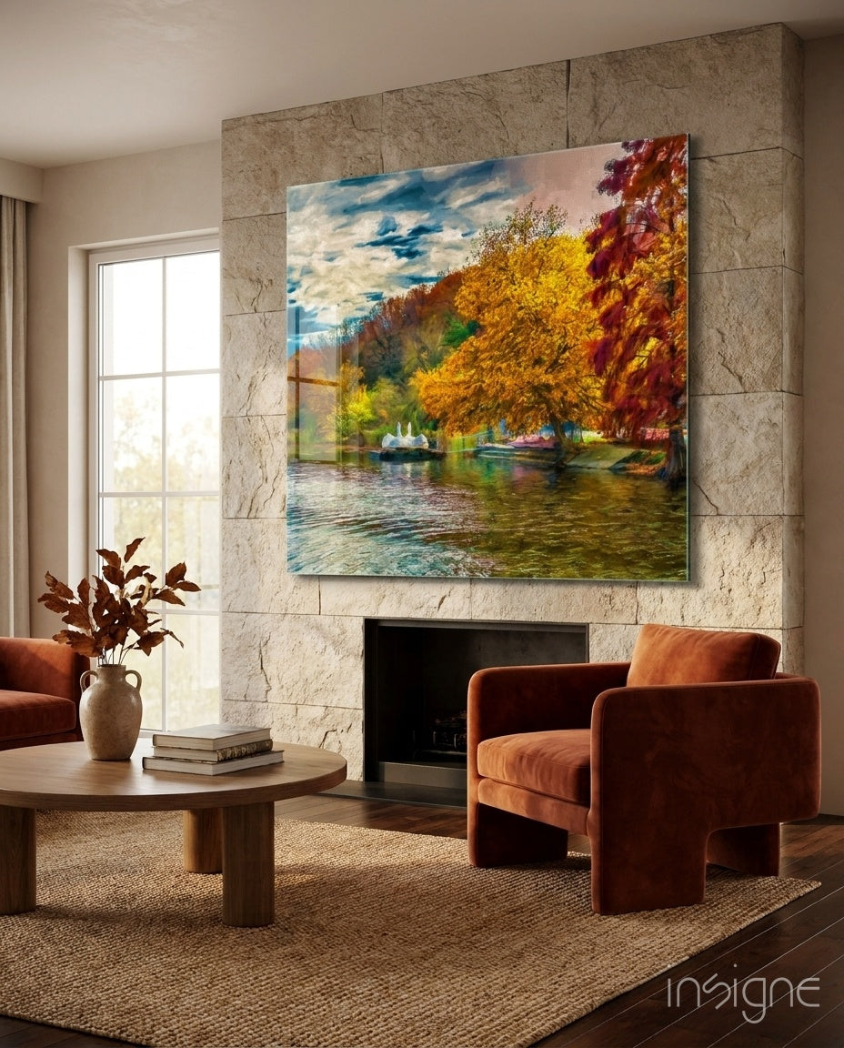 Autumn lake fountain glass wall art