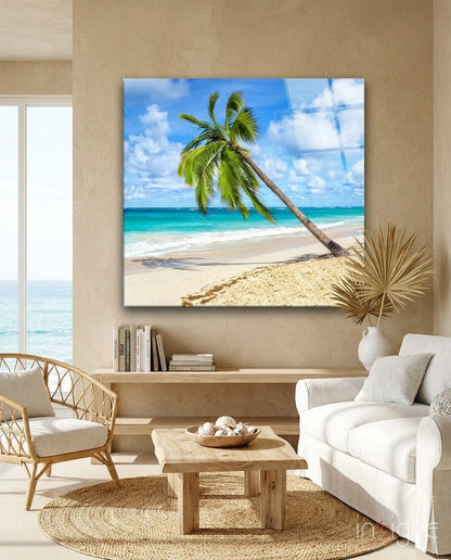 Palm tree glass wall art, breezy coastal palm motif on high-gloss tempered glass