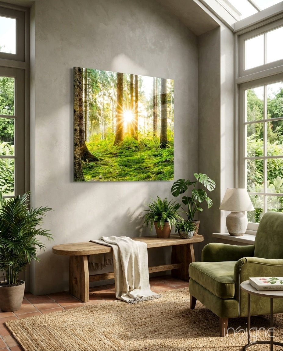 Tranquil green forest scene on tempered glass wall art