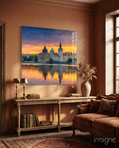 Golden Sunset Prague Riverside Skyline glass wall art cityscape print