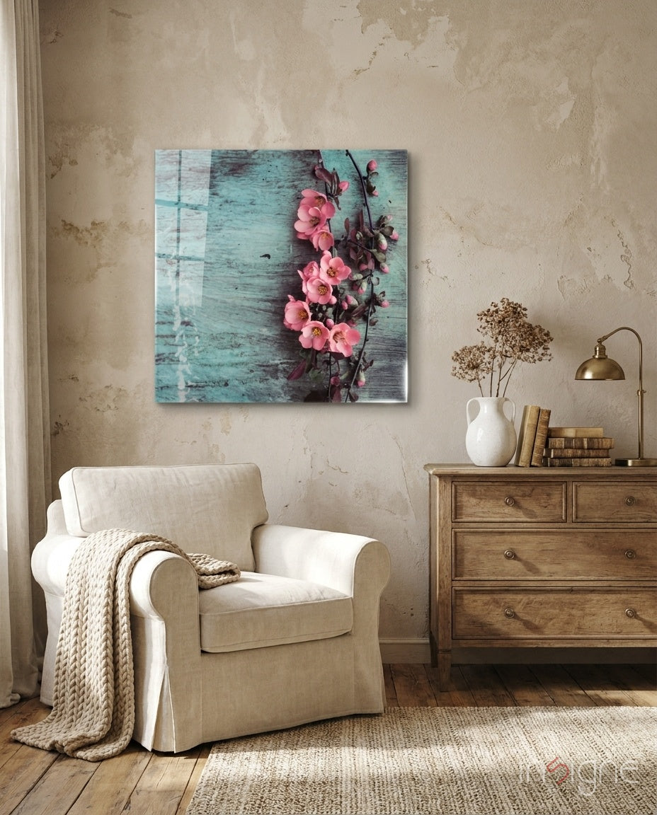 Pink blossom teal wood glass wall art