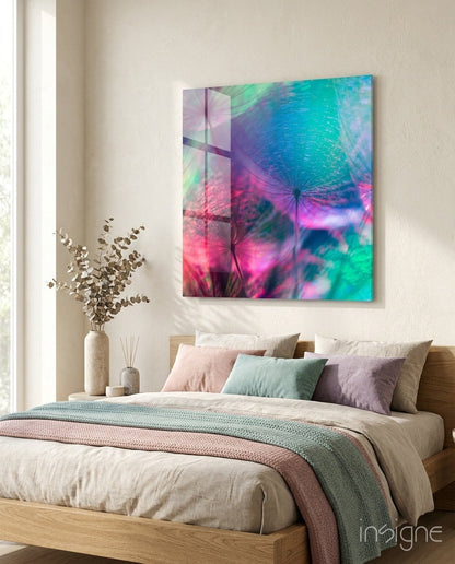 Rainbow dandelion seed glass wall art