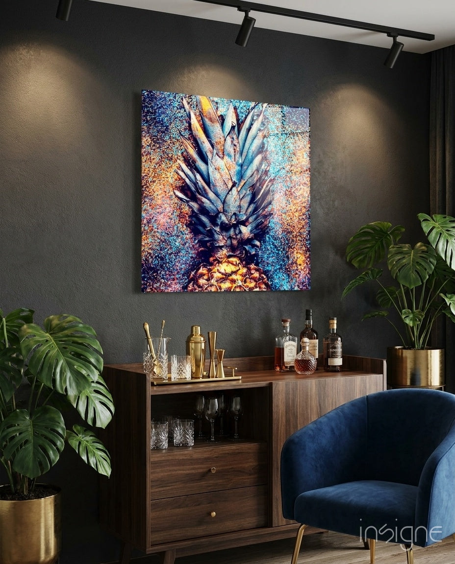 Metallic blue pineapple glass wall art with glitter finish