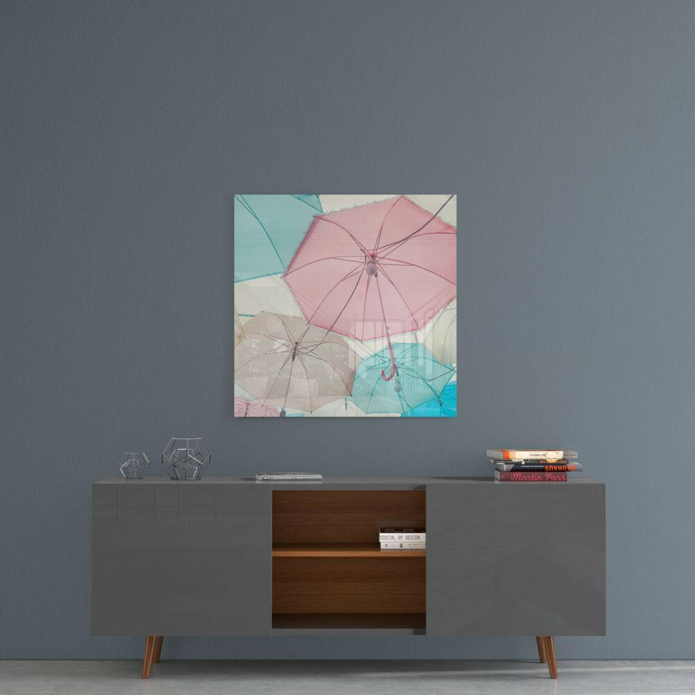 Pastel Pink and Mint Sky Umbrellas Glass Wall Art