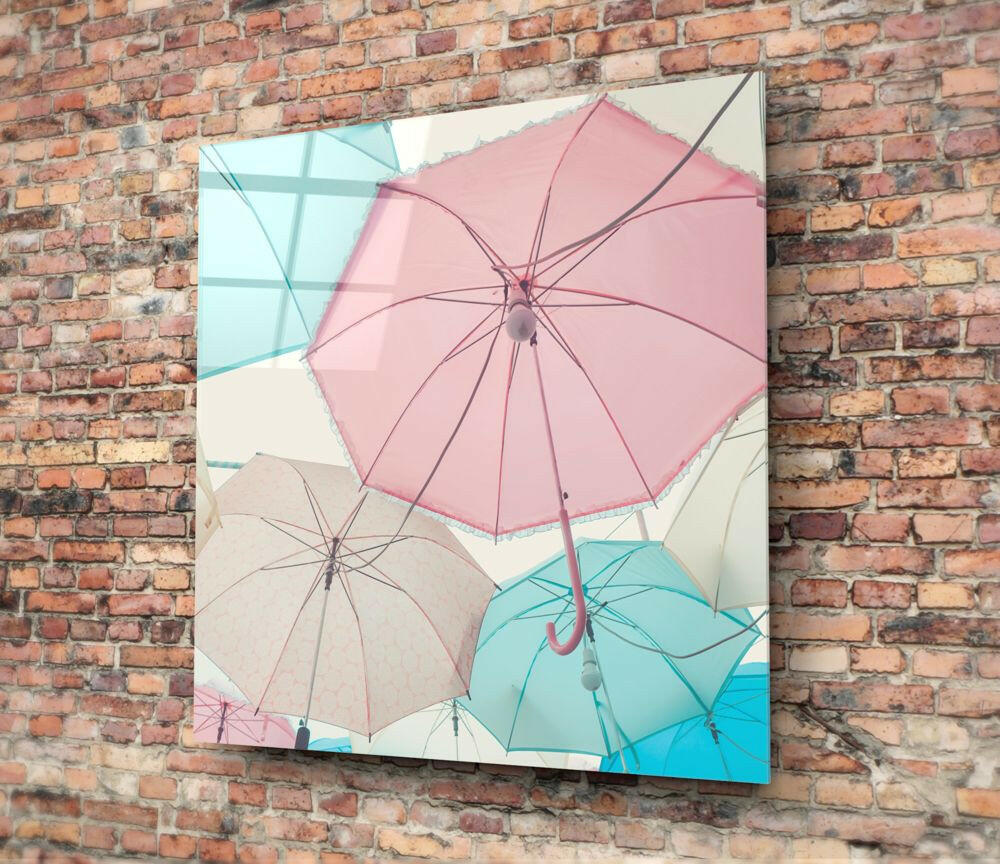 Pastel Pink and Mint Sky Umbrellas Glass Wall Art