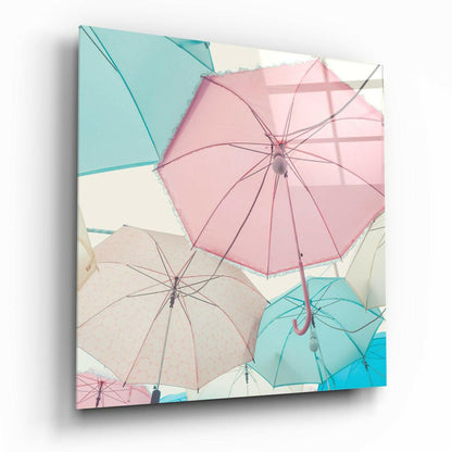 Pastel Pink and Mint Sky Umbrellas Glass Wall Art