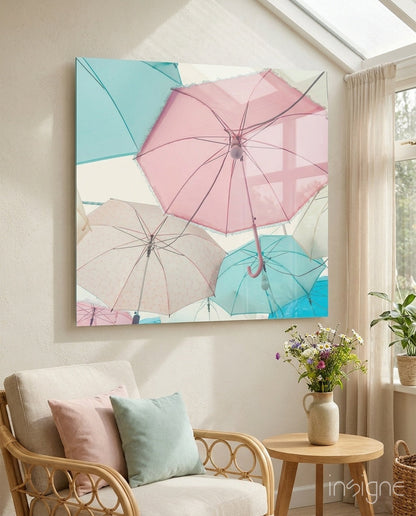 Pastel pink and mint umbrellas glass wall art
