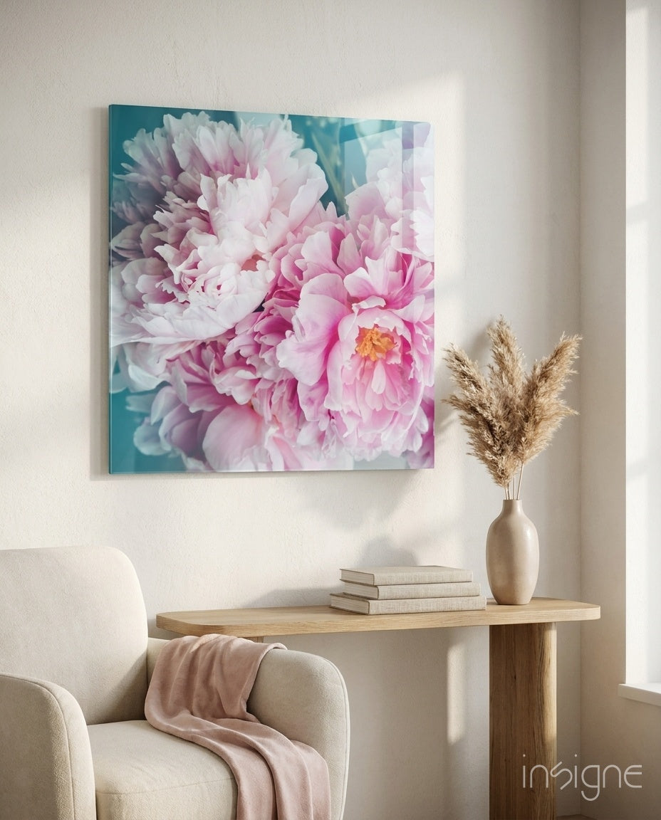 Peony teal glass wall art floral design