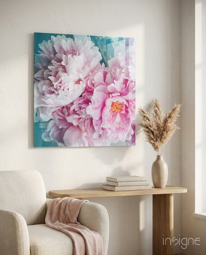 Peony teal glass wall art floral design