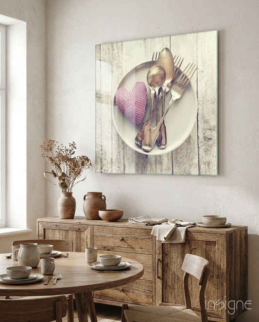 Gingham Heart And Silver Cutlery Glass Wall Art