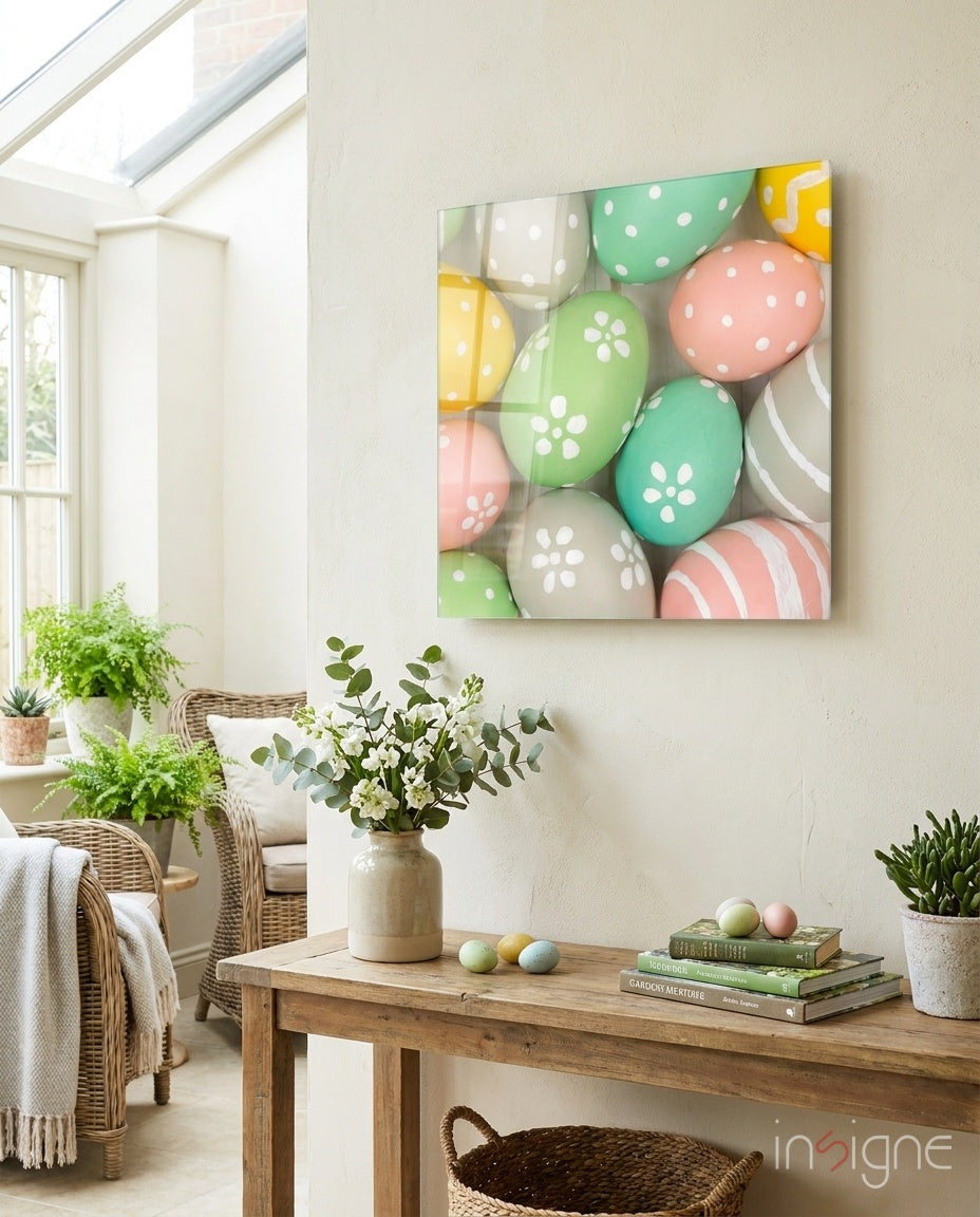 Daisy painted pastel Easter eggs glass wall art with polished finish