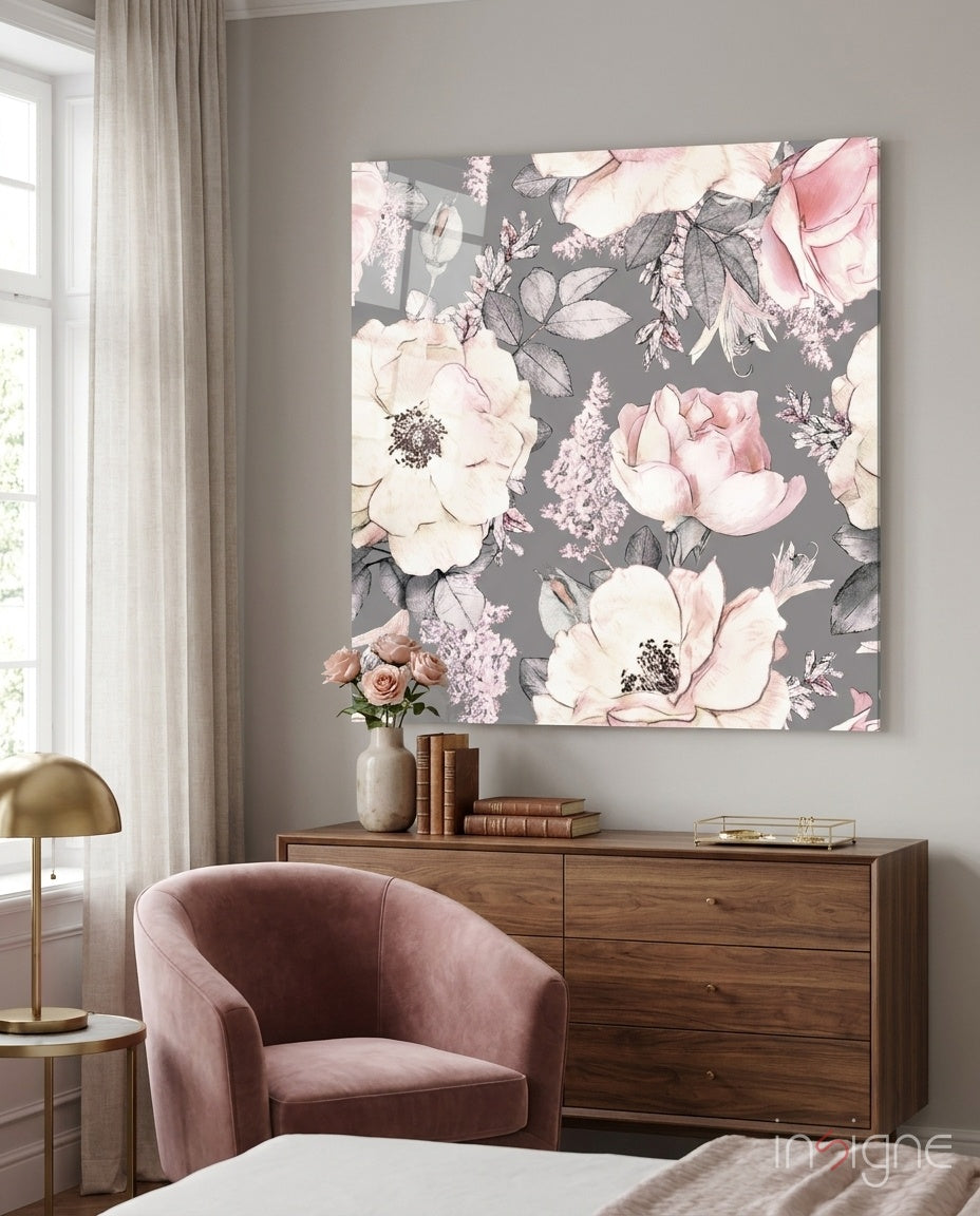 Blush roses glass wall art floral design