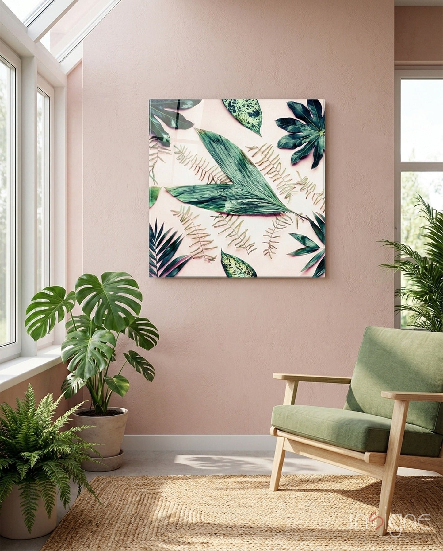 Tropical leaves glass wall art botanical print