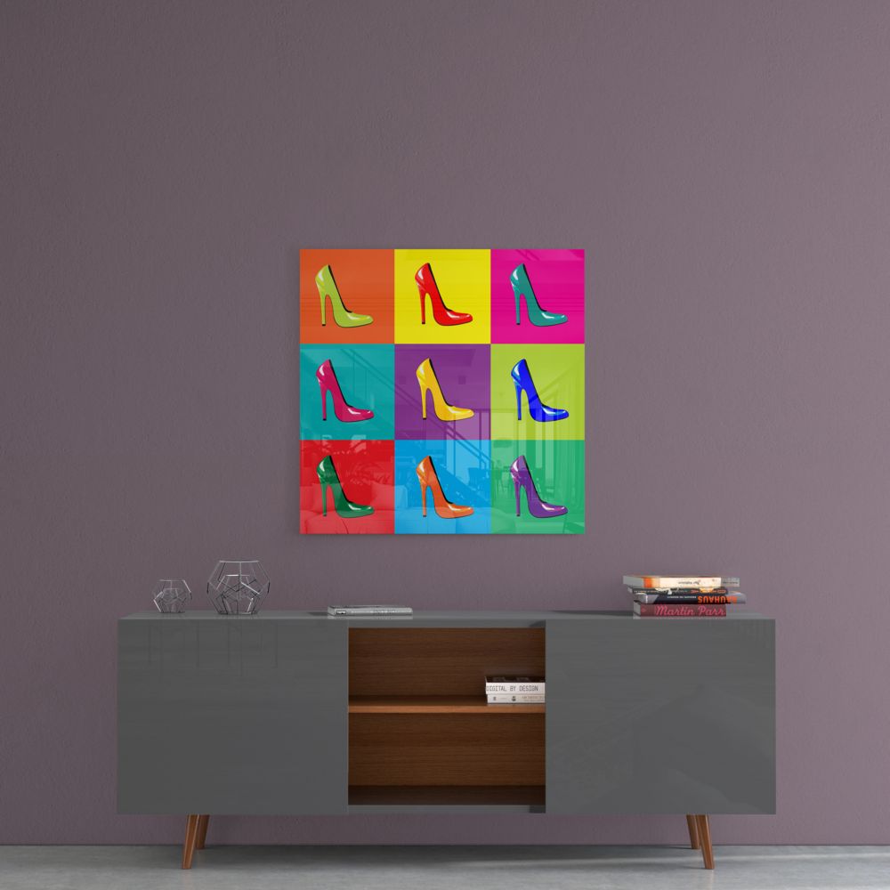 Pop art stiletto heels grid glass wall art on a mauve wall above a gray sideboard