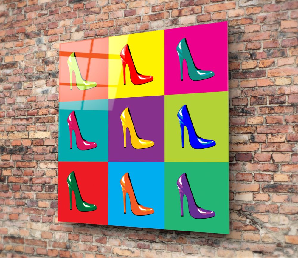 Pop art stiletto heels grid glass wall art on a red brick wall