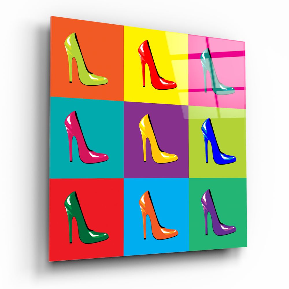 Pop art stiletto heels grid glass wall art on a white background, angled to show the glossy face