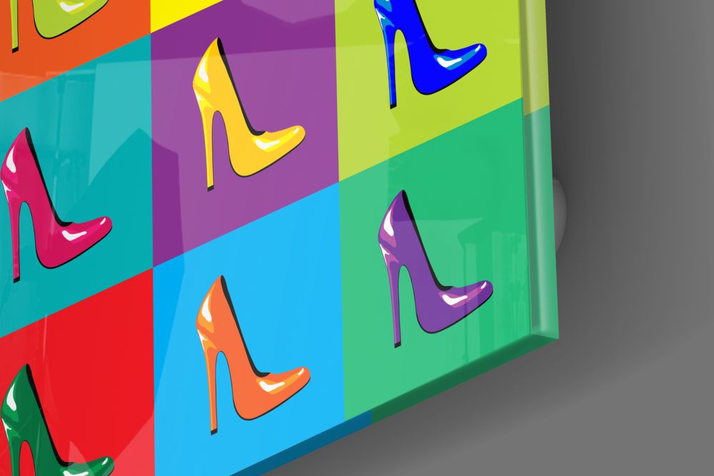Close-up of the glossy tempered glass edge on the pop art stiletto heels grid piece