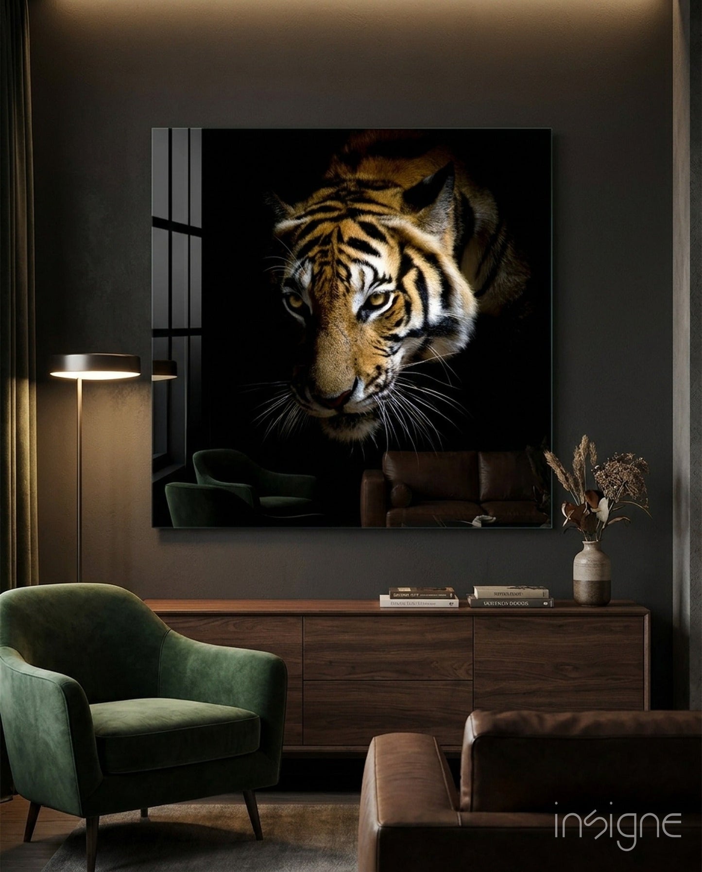 Tiger Portrait Glass Wall Art with bold wildlife design