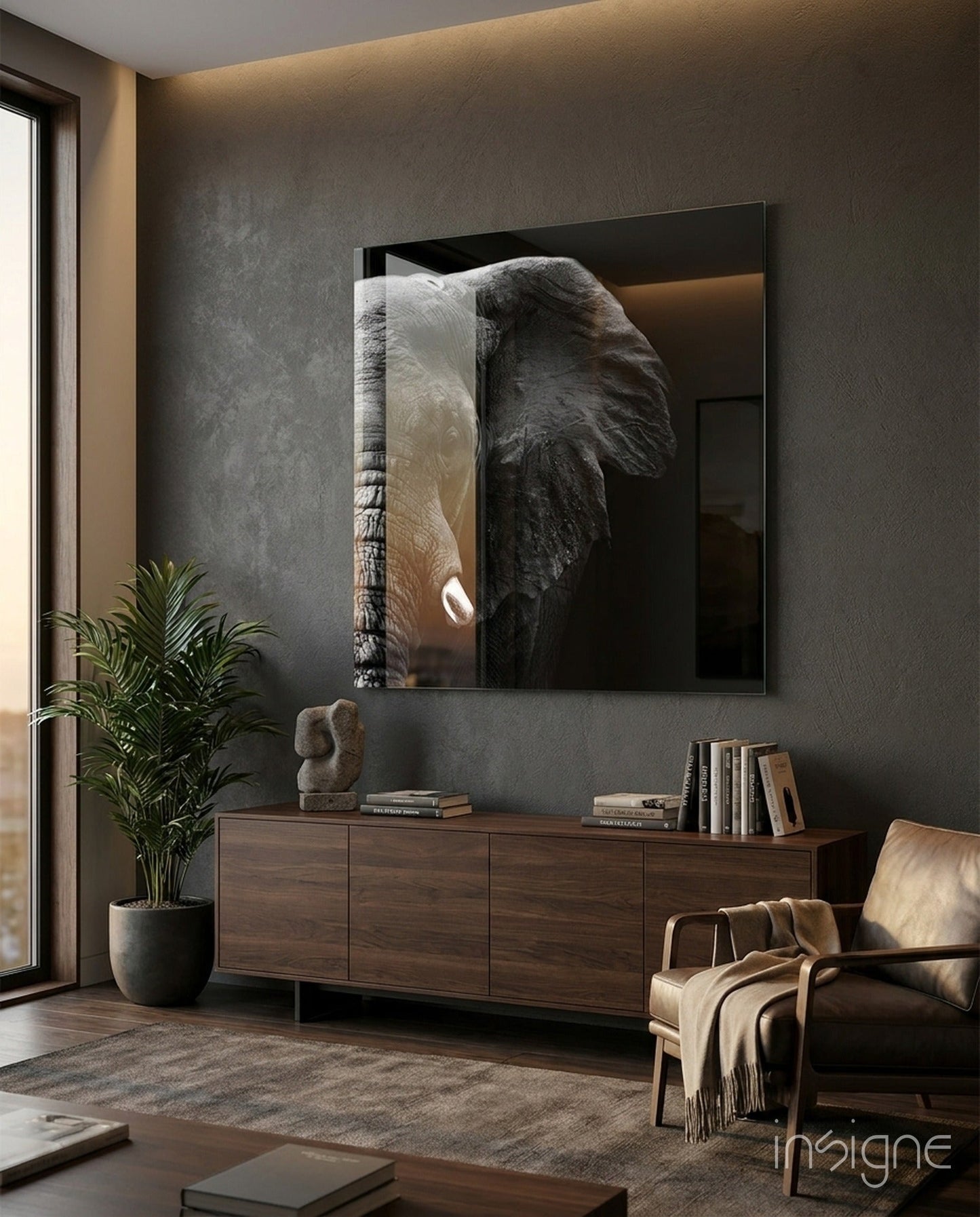 Elephant light and shadow glass wall art high-contrast design