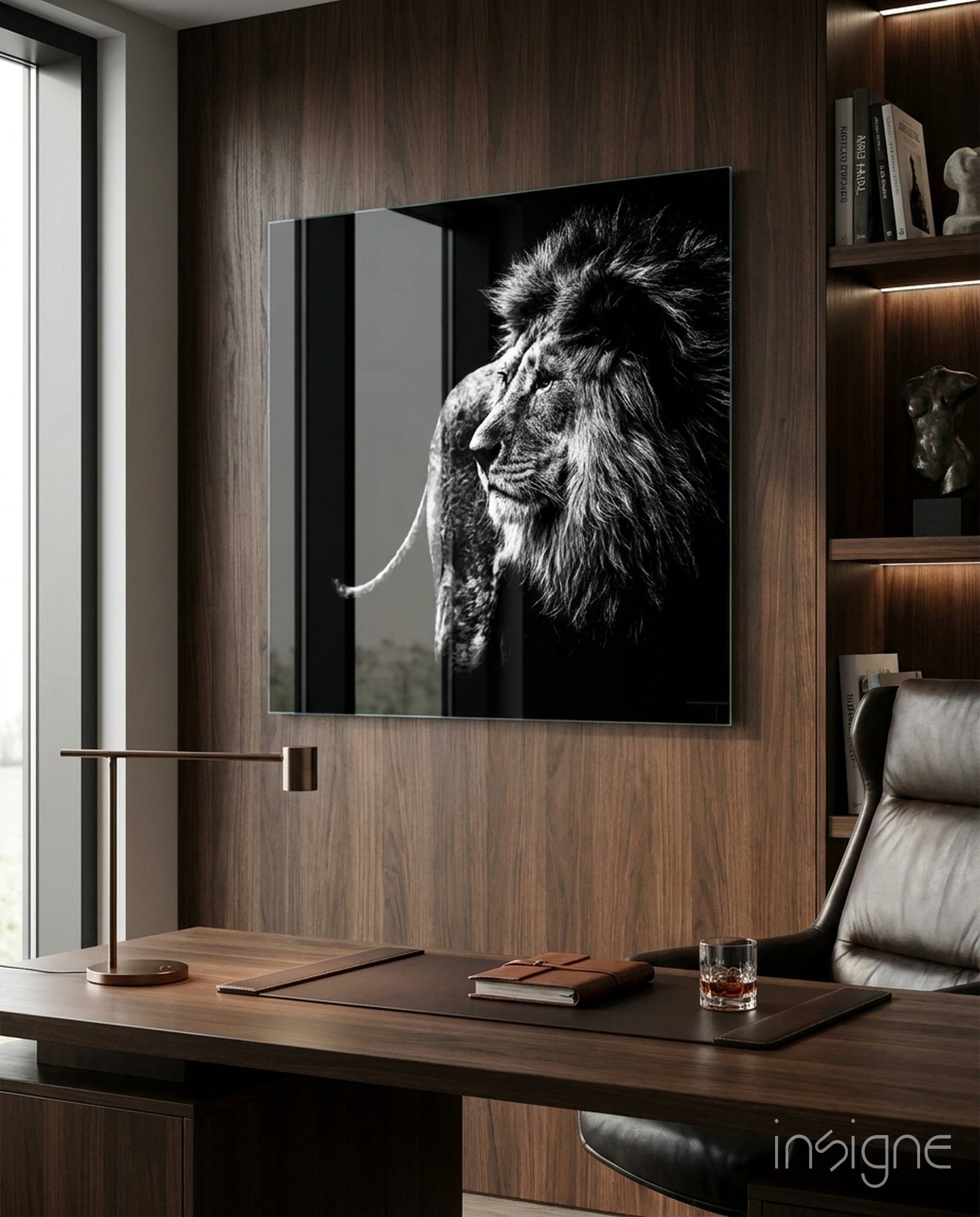 Regal lion profile glass wall art with windswept mane