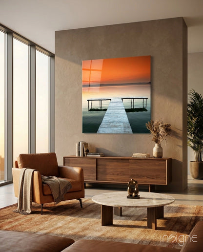 Vivid Orange Sky Lake Dock Glass Wall Art