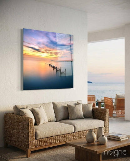 Sunset glass wall art with glowing warm tones