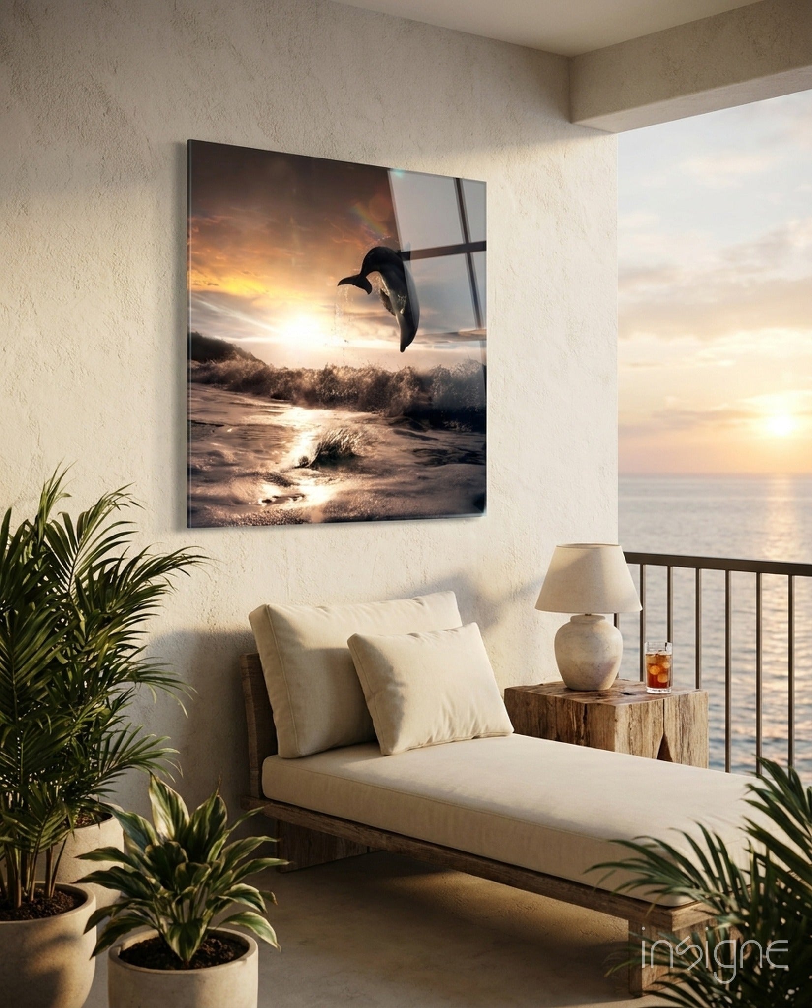 Dolphin glass wall art, vivid marine tones, square format tempered glass wall decor