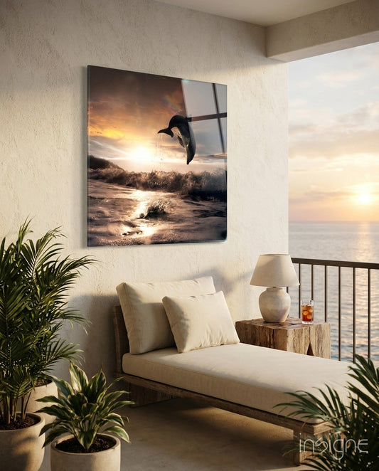 Dolphin glass wall art, vivid marine tones, square format tempered glass wall decor