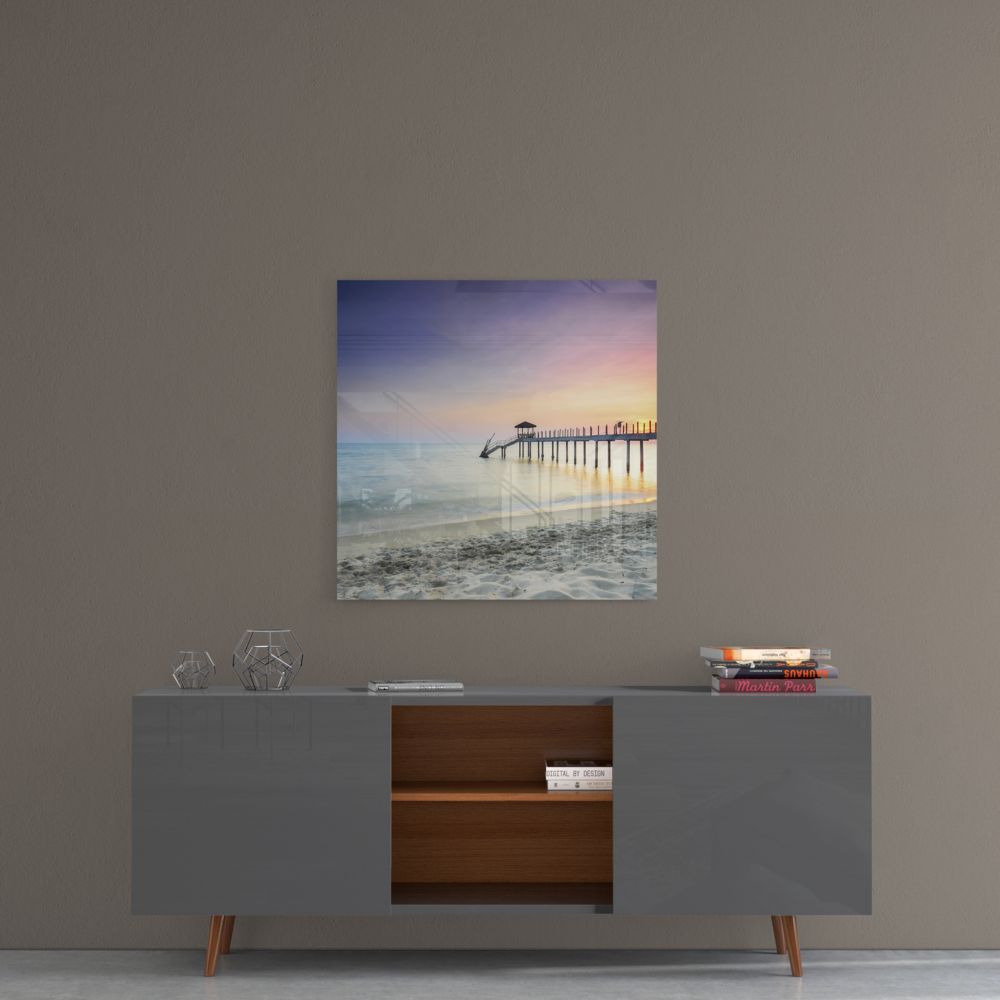 Sunset Boardwalk Pier Glass Wall Art