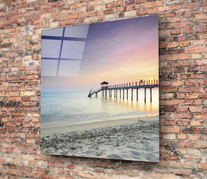 Sunset Boardwalk Pier Glass Wall Art