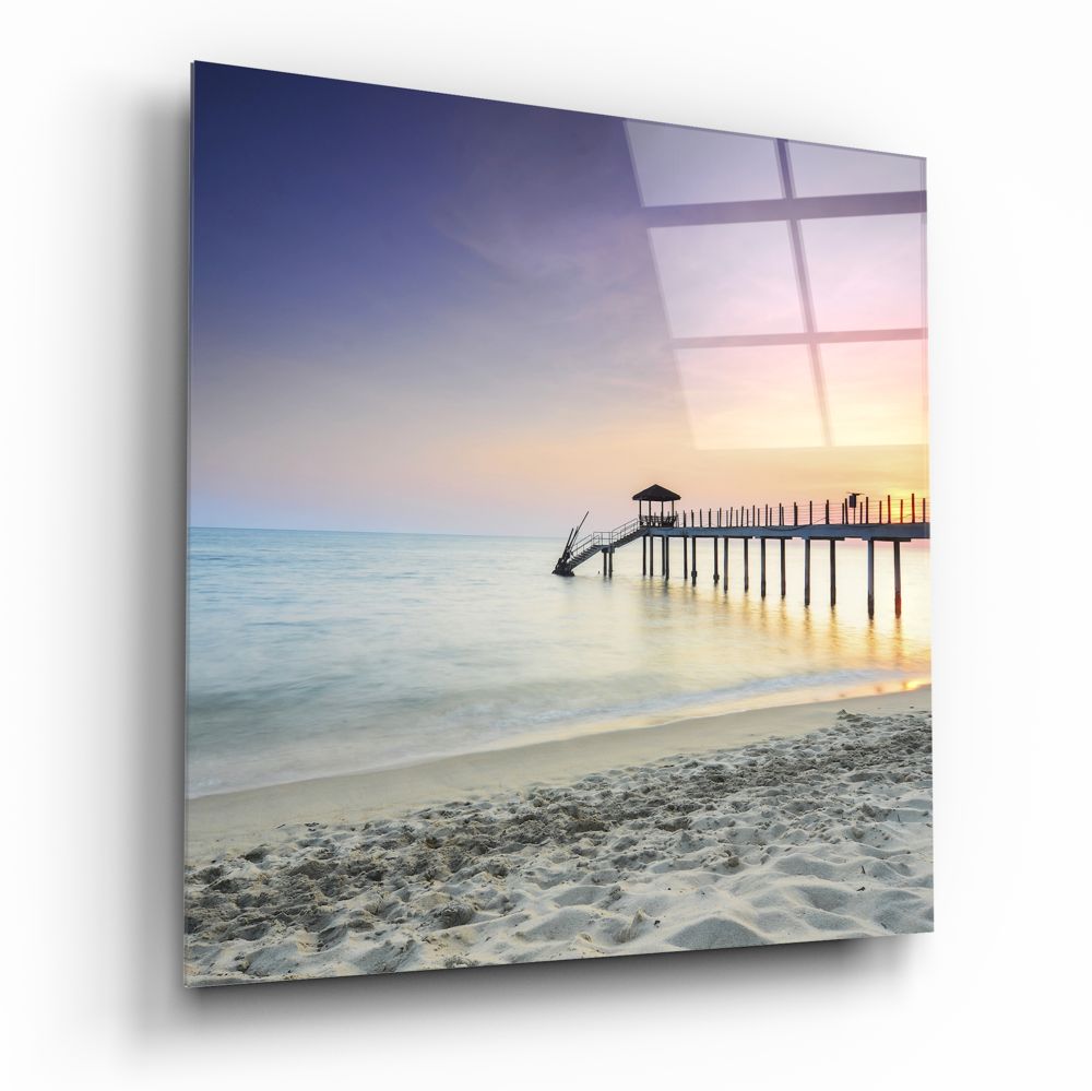 Sunset Boardwalk Pier Glass Wall Art