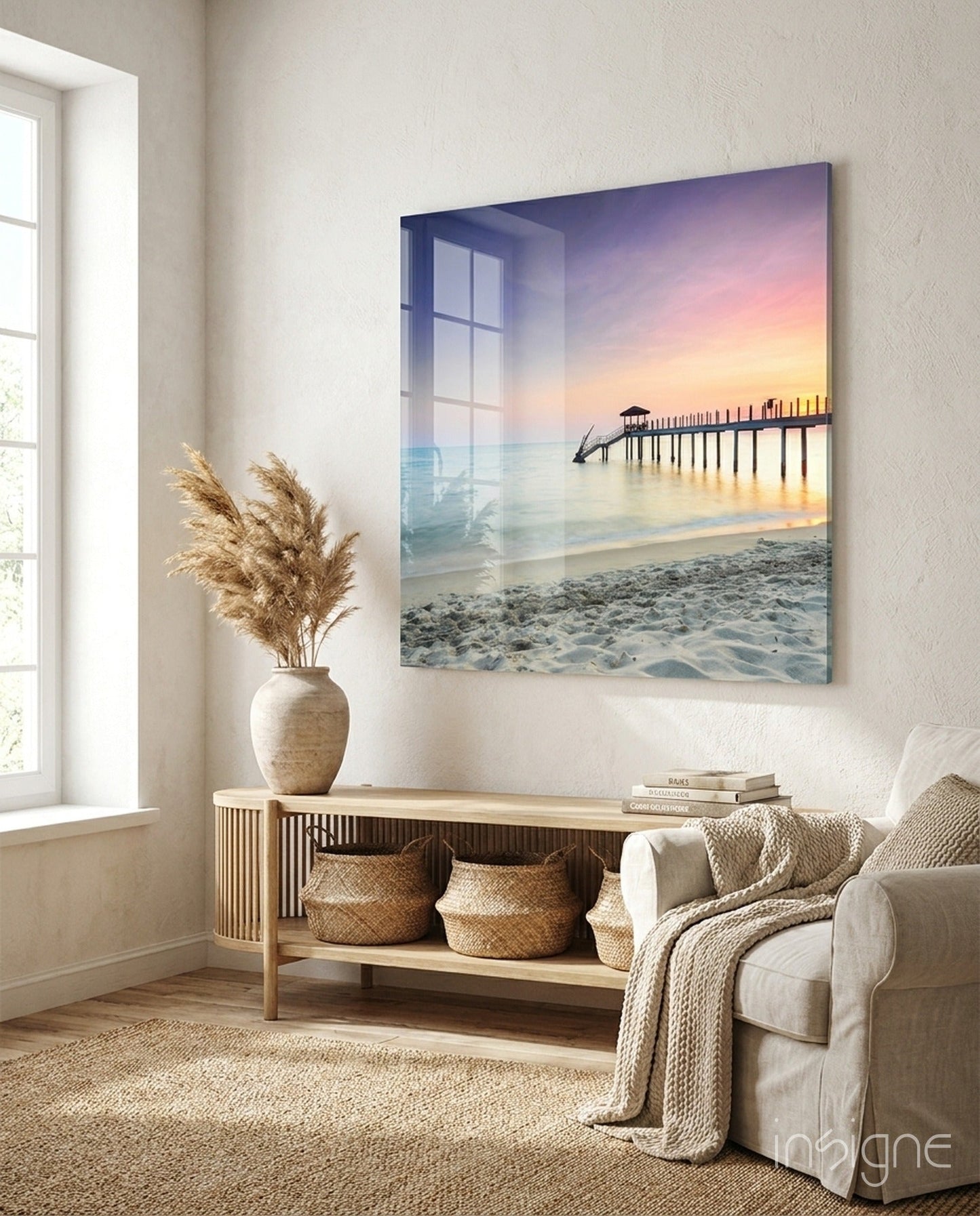 Sunset boardwalk pier glass wall art coastal scene