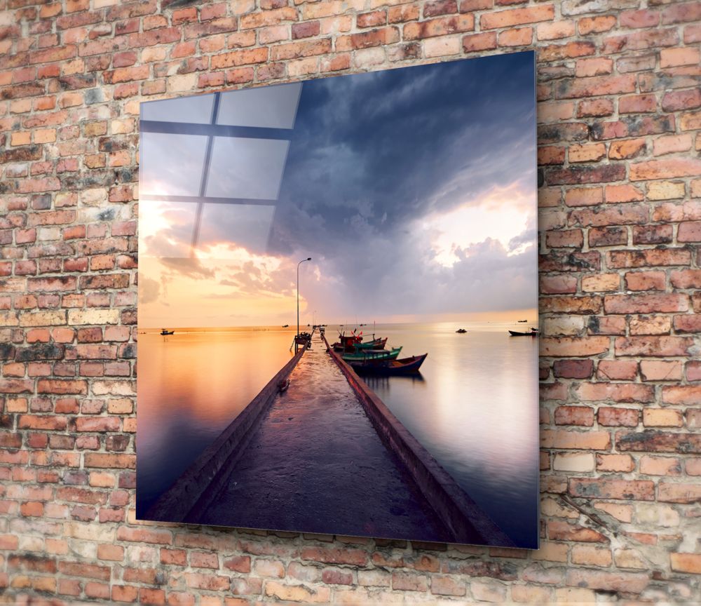 Sunset Jetty and Boats Glass Wall Art