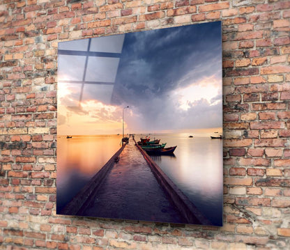Sunset Jetty and Boats Glass Wall Art
