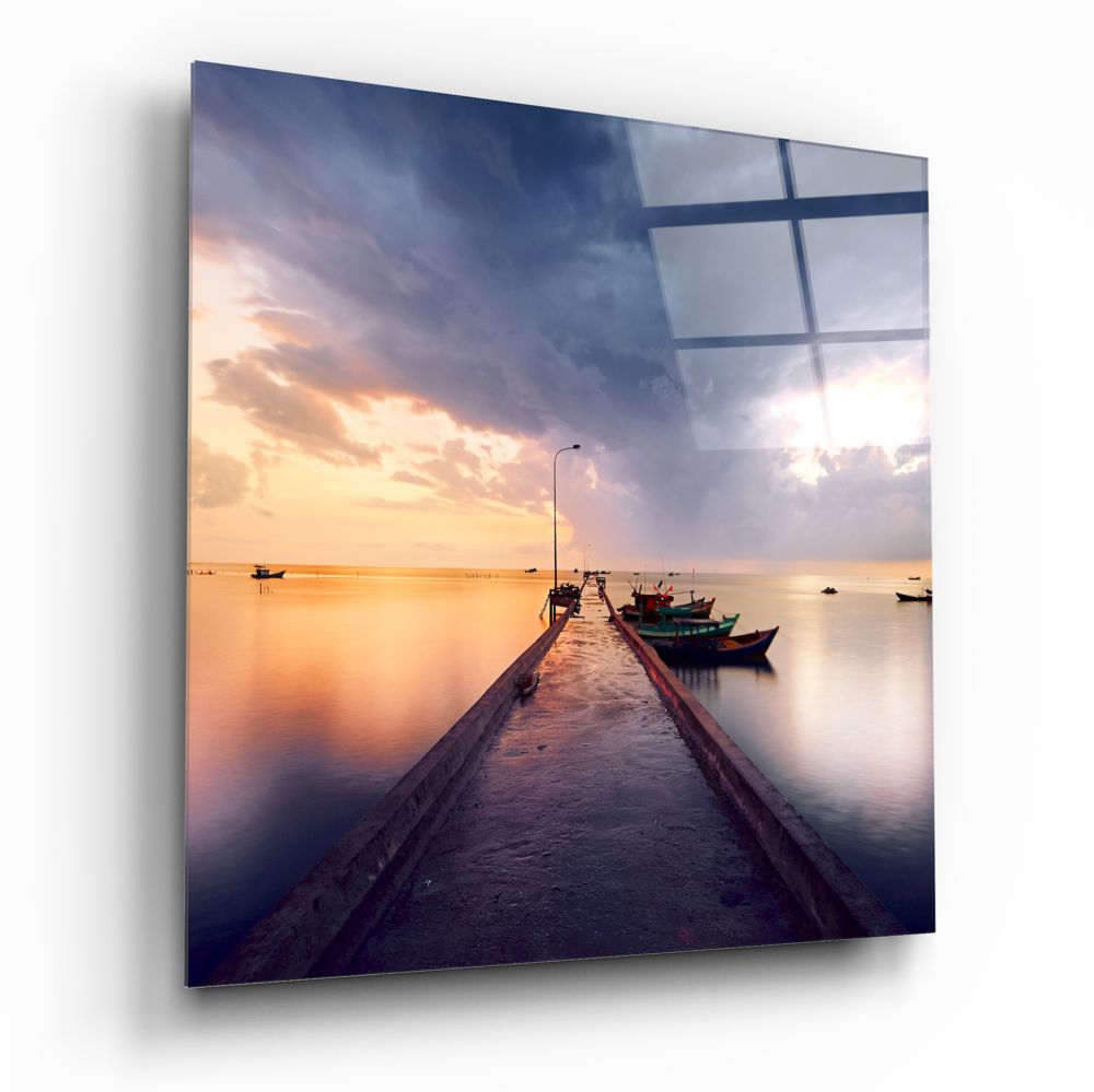 Sunset Jetty and Boats Glass Wall Art