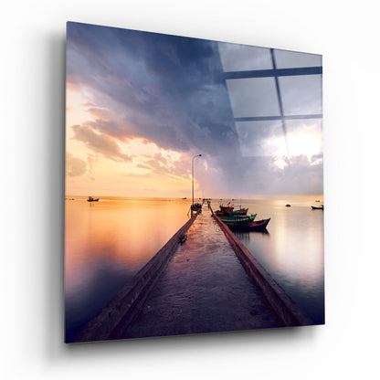 Sunset Jetty and Boats Glass Wall Art