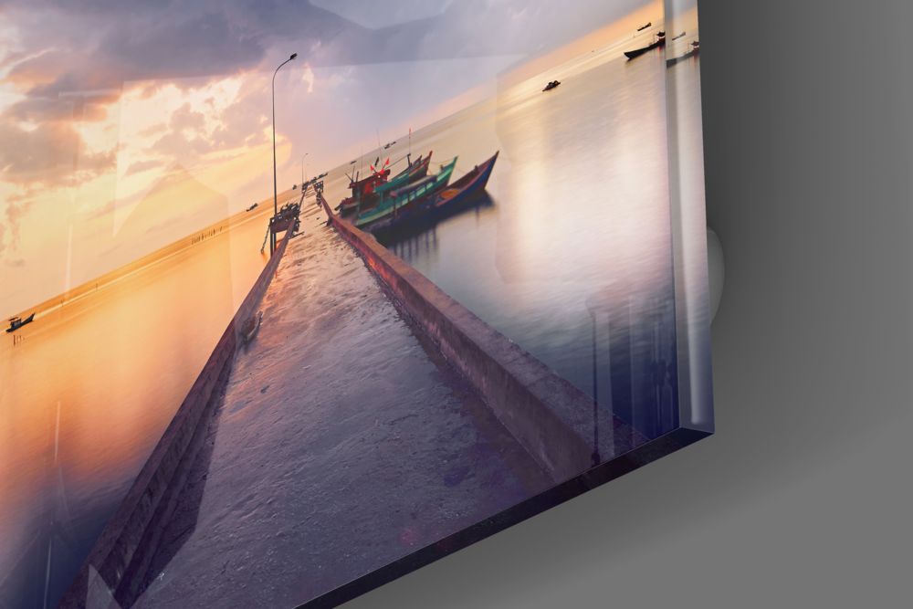 Sunset Jetty and Boats Glass Wall Art